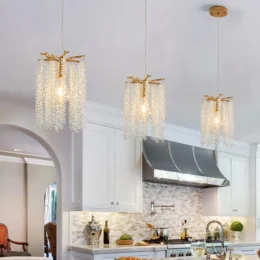 Luxury 3-Pack Crystal Pendant Lights, Elegant Golden Finish Chandelier with Waterfall Bead Design (No Bulbs)39